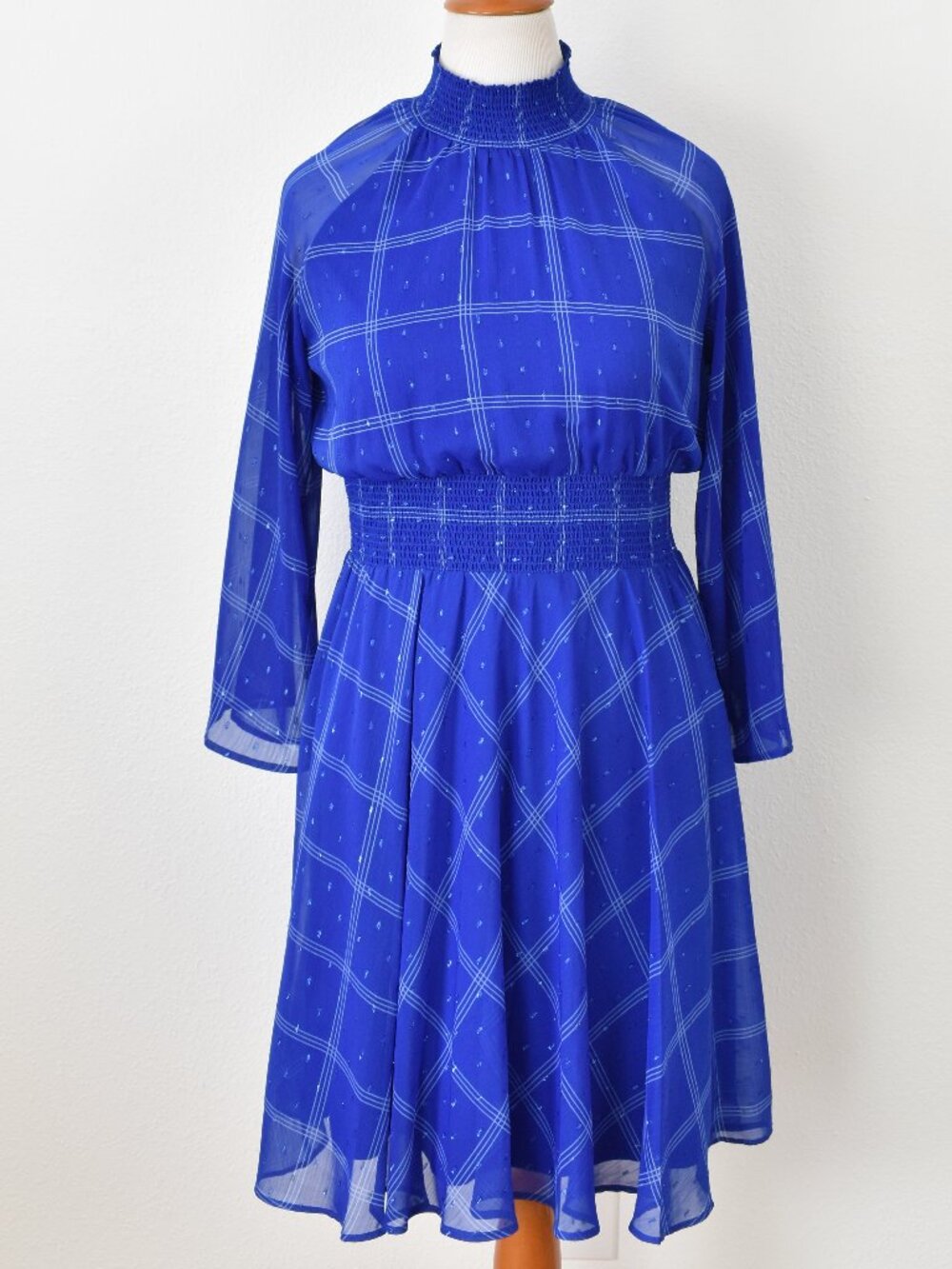 Calvin Klein Plaid Chiffon Mock Neck Smocked Detail Dress - 12 - Picture 2 of 13